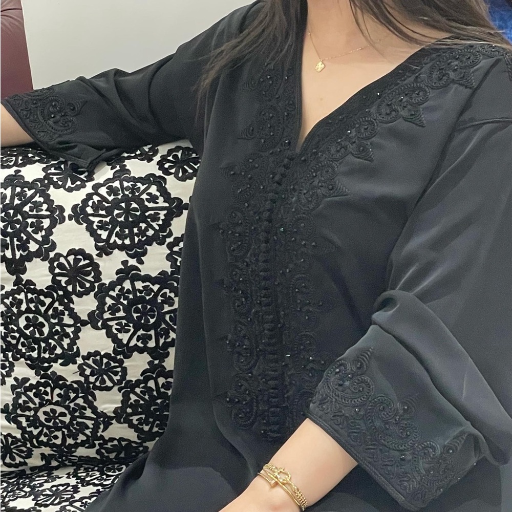 Caftan - Elegant Black Embroidered Dress Fits L-XL